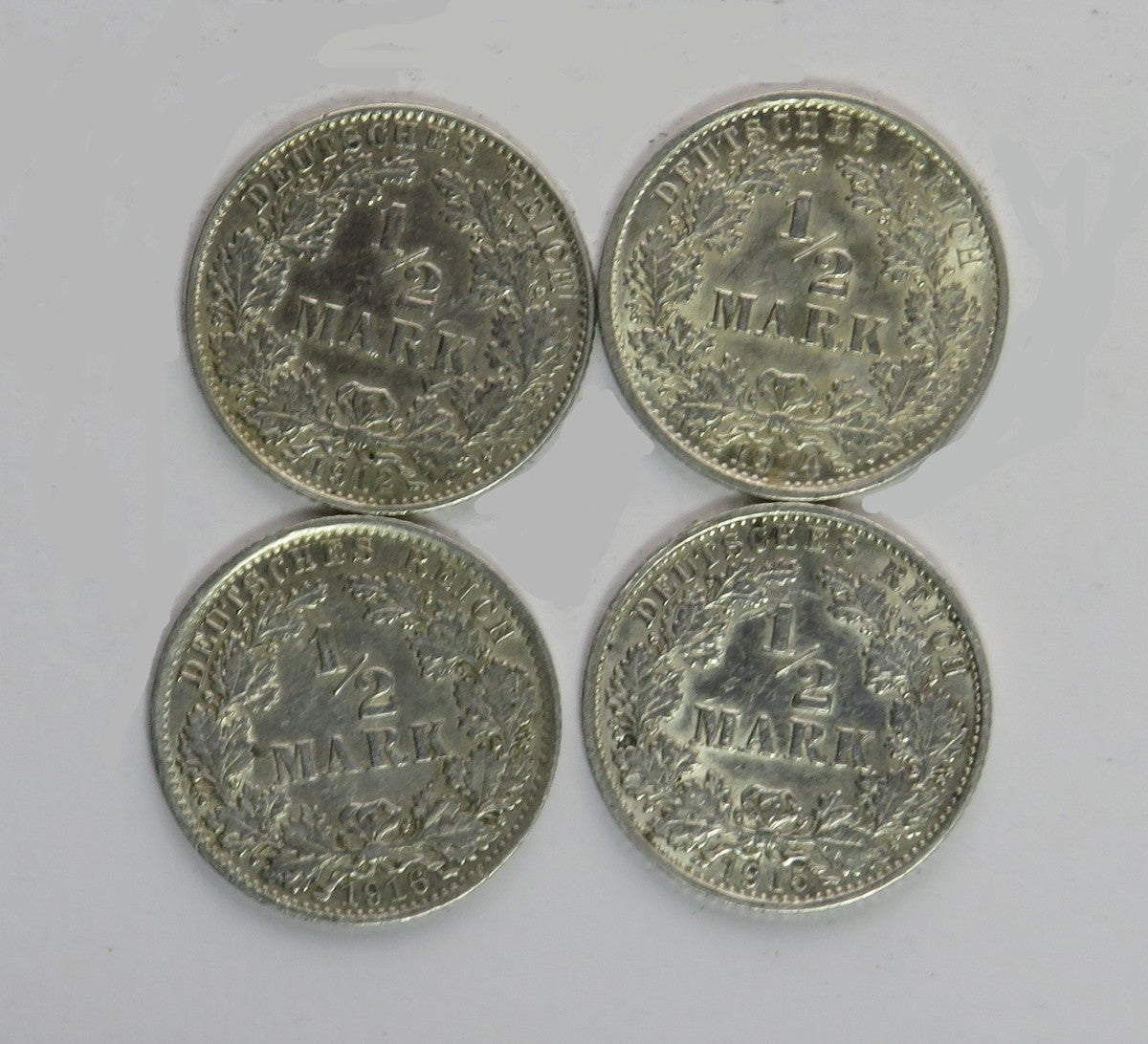 Niemcy, 4 x 1/2 marki, różne roczniki: 1912 (J), 1914 (A), 1915 (G), 1916 (A), ładne