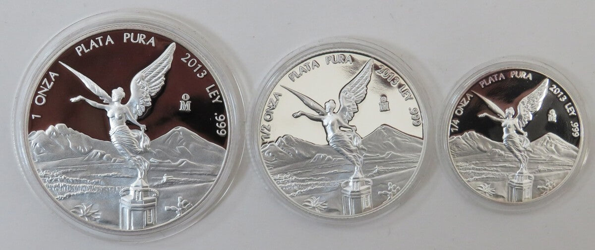 2013 Meksyk Zestaw 3 srebrnych monet 3Libertad (1+0,5+0,25 oz), drewniane pudełko, Ag999