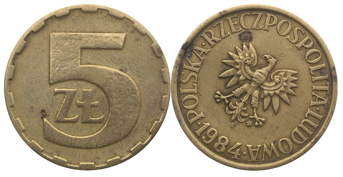 Destrukt, 5 złotych 1984, skrętka w prawo ~35stopni, st. 3+
