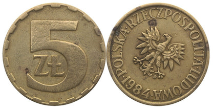 Destrukt, 5 złotych 1984, skrętka w prawo ~35stopni, st. 3+