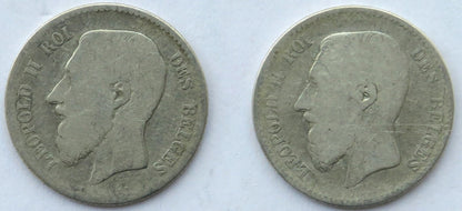 Lot 2 szt. 1 frank Belgia Ag 1867, 1869