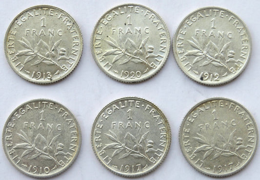Lot 6 szt. 1 frank Francja Ag 1910-1920, srebro