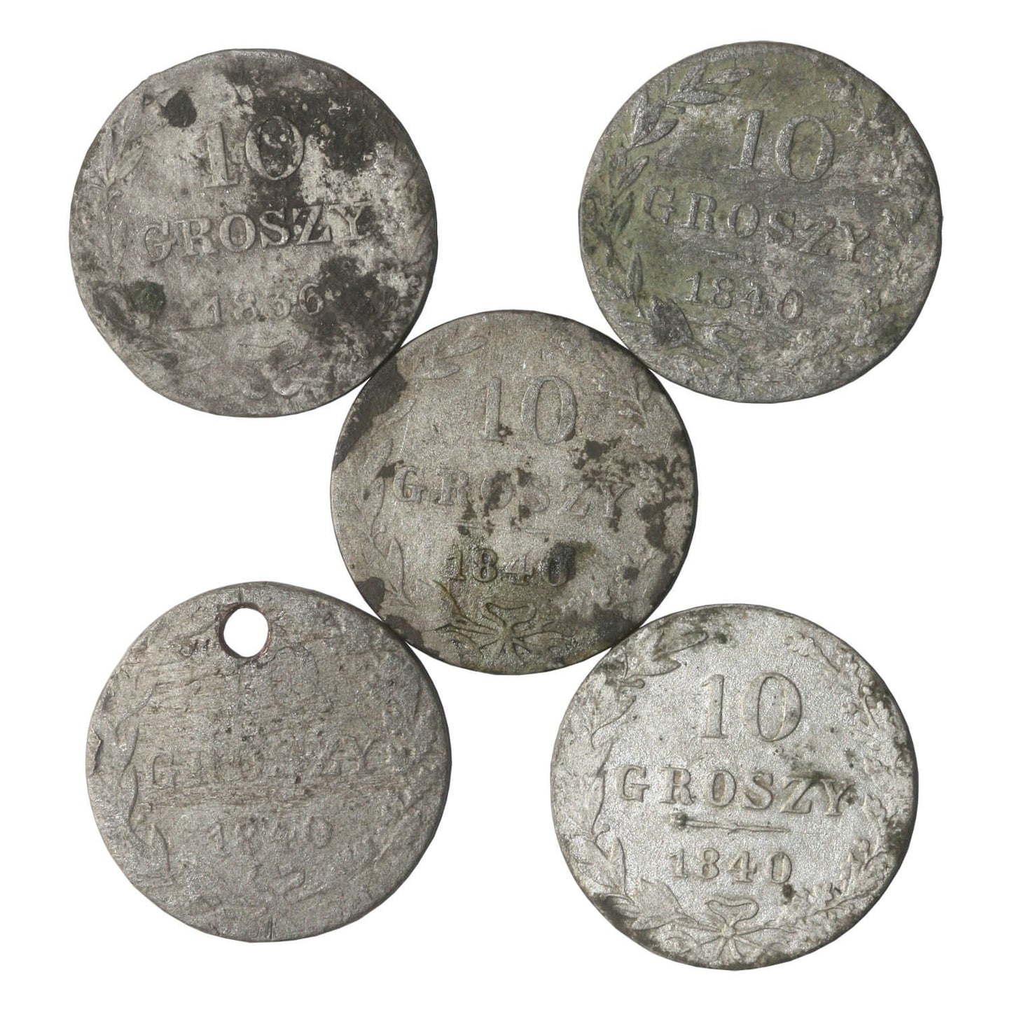 Lot: Królestwo Polskie 4 x 10 groszy 1840, 1 x 10 groszy 1936