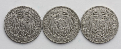 Lot: Niemcy, 3 x 25 fenigów (pfennig), 1910, 1911, 1912