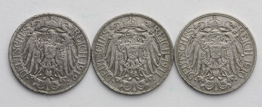 Lot: Niemcy, 3 x 25 fenigów (pfennig), 1910, 1911, 1912