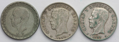 Lot, Szwecja 3 x 1 korona, 1937,1940, 1946, srebro