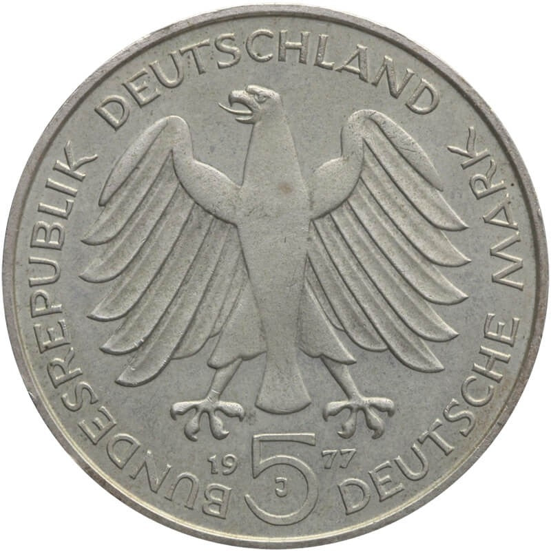 Niemcy 5 marek, 1977 200 rocznica urodzin - Carl Friedrich Gauss, srebro