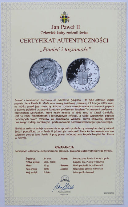 Polska, medal Pamięć i tożsamość, certyfikat