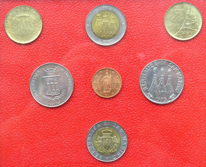 San Marino, 7 monet oprawionych w ramkę, 1975-2005 r.