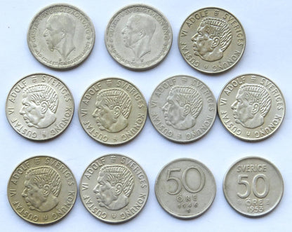 Szwecja, zestaw 11 monet, 1 korona i 50 ore, 1944-1953