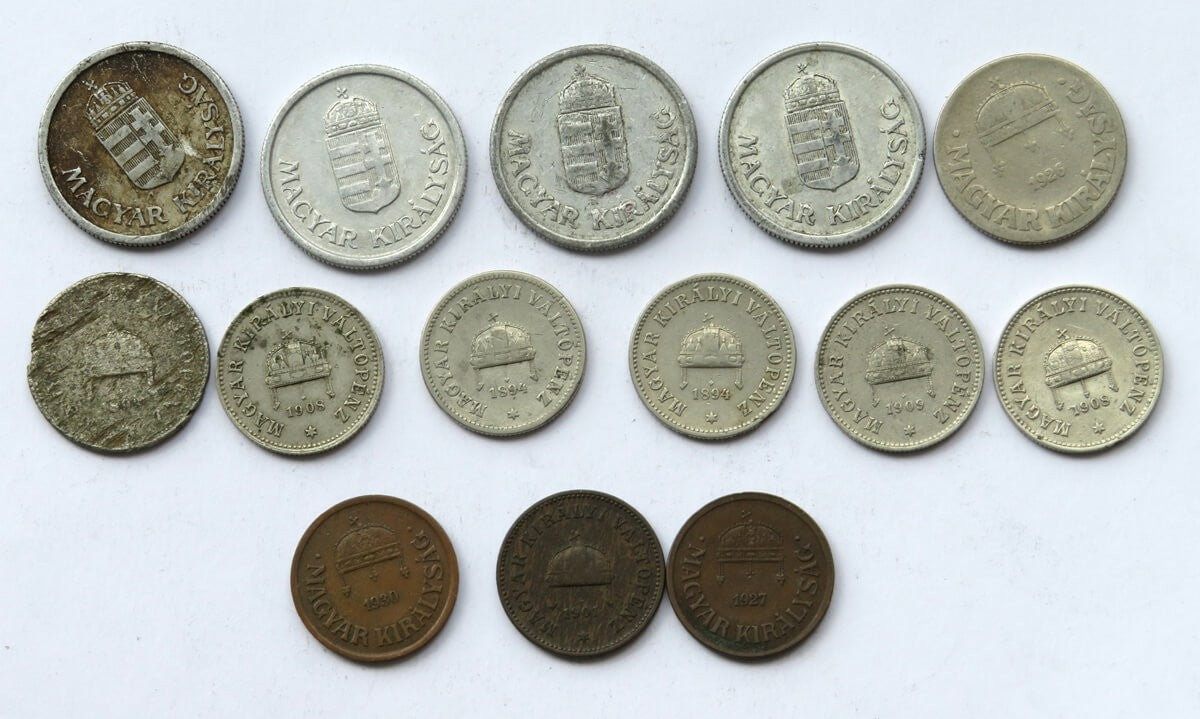 Węgry, monety z lat 1893-1930, zestaw 14 sztuk