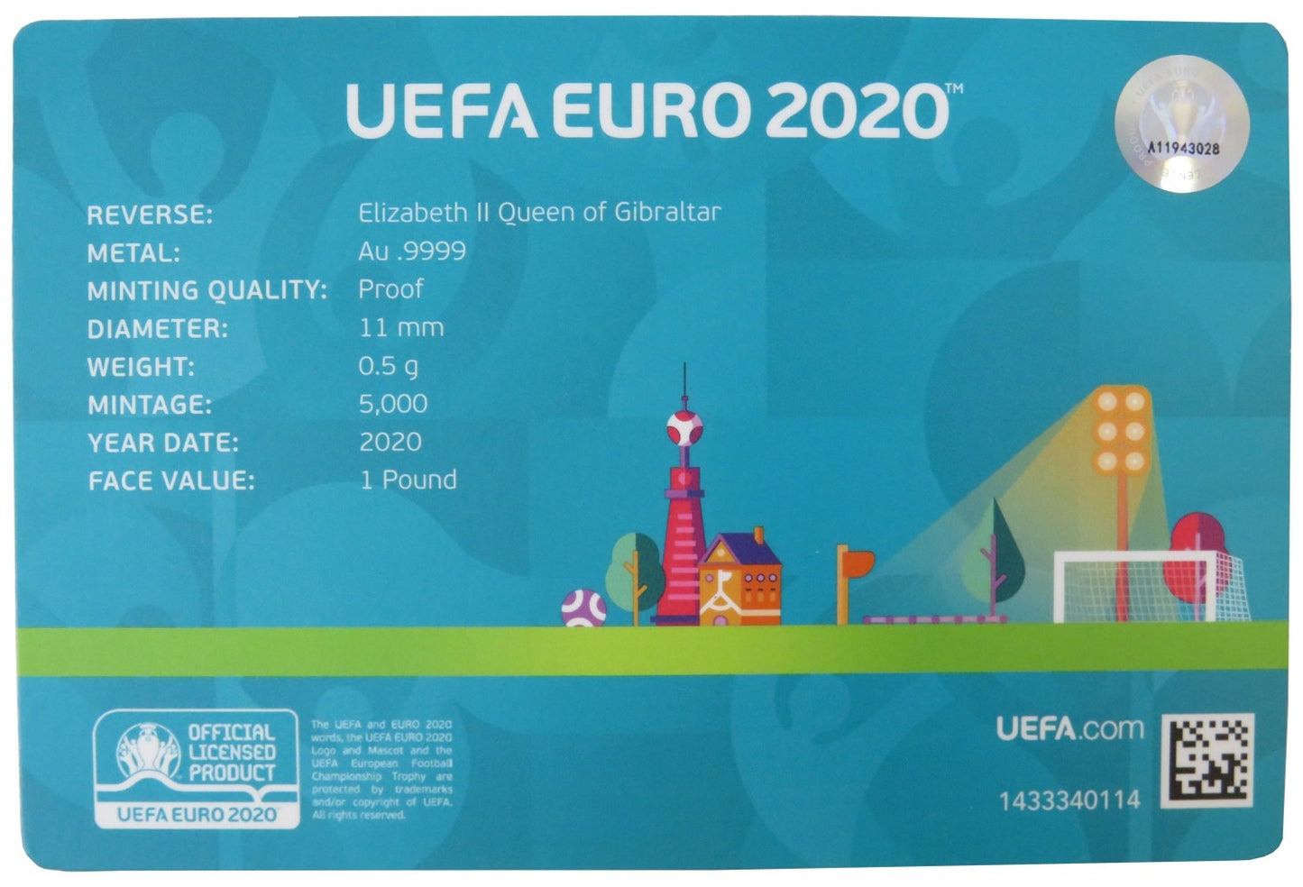 1 pound (funt) Licencjonowany produkt UEFA Euro 2020, złoto Au 9999, 0,5g